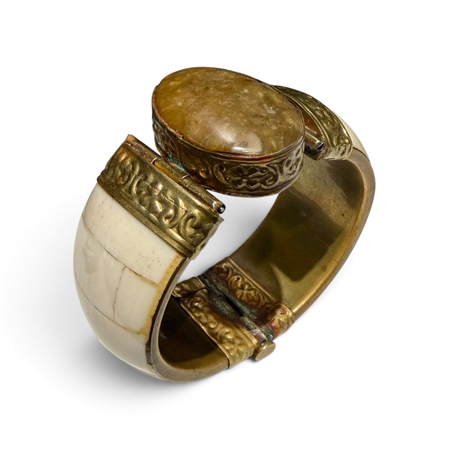 Antique Bone & Brass Hinged Cuff Bracelet with Pin Closure