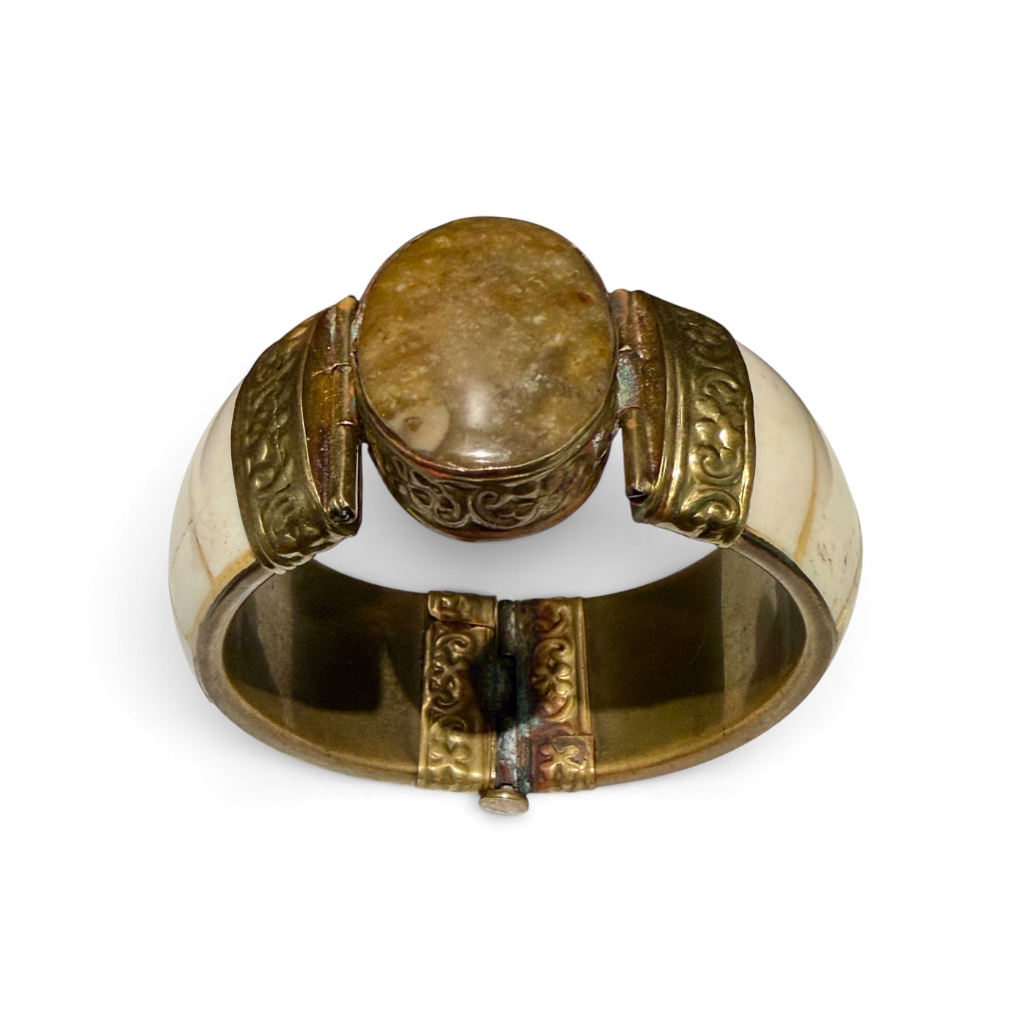 Antique Bone & Brass Hinged Cuff Bracelet with Pin Closure