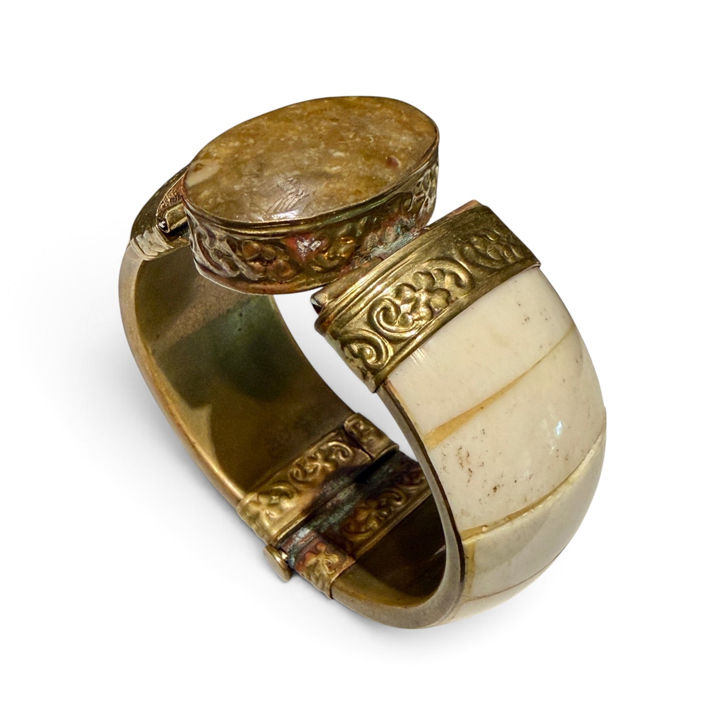 Antique Bone & Brass Hinged Cuff Bracelet with Pin Closure