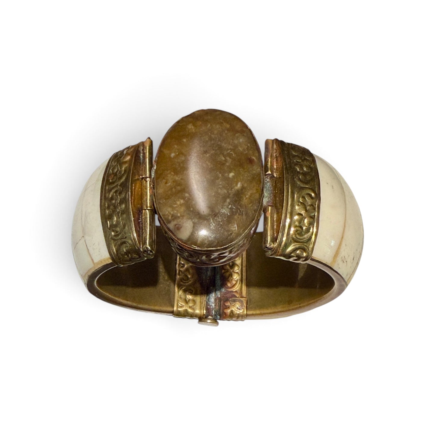 Antique Bone & Brass Hinged Cuff Bracelet with Pin Closure