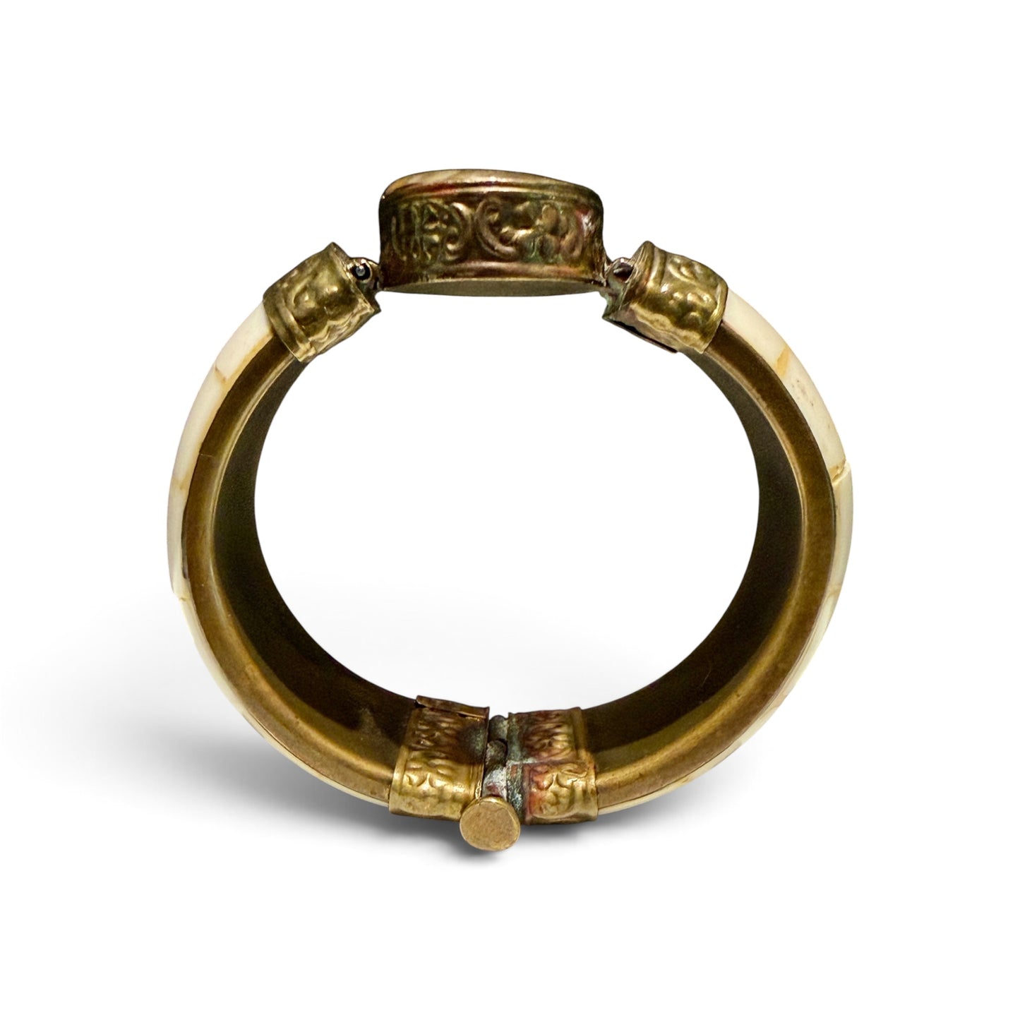 Antique Bone & Brass Hinged Cuff Bracelet with Pin Closure