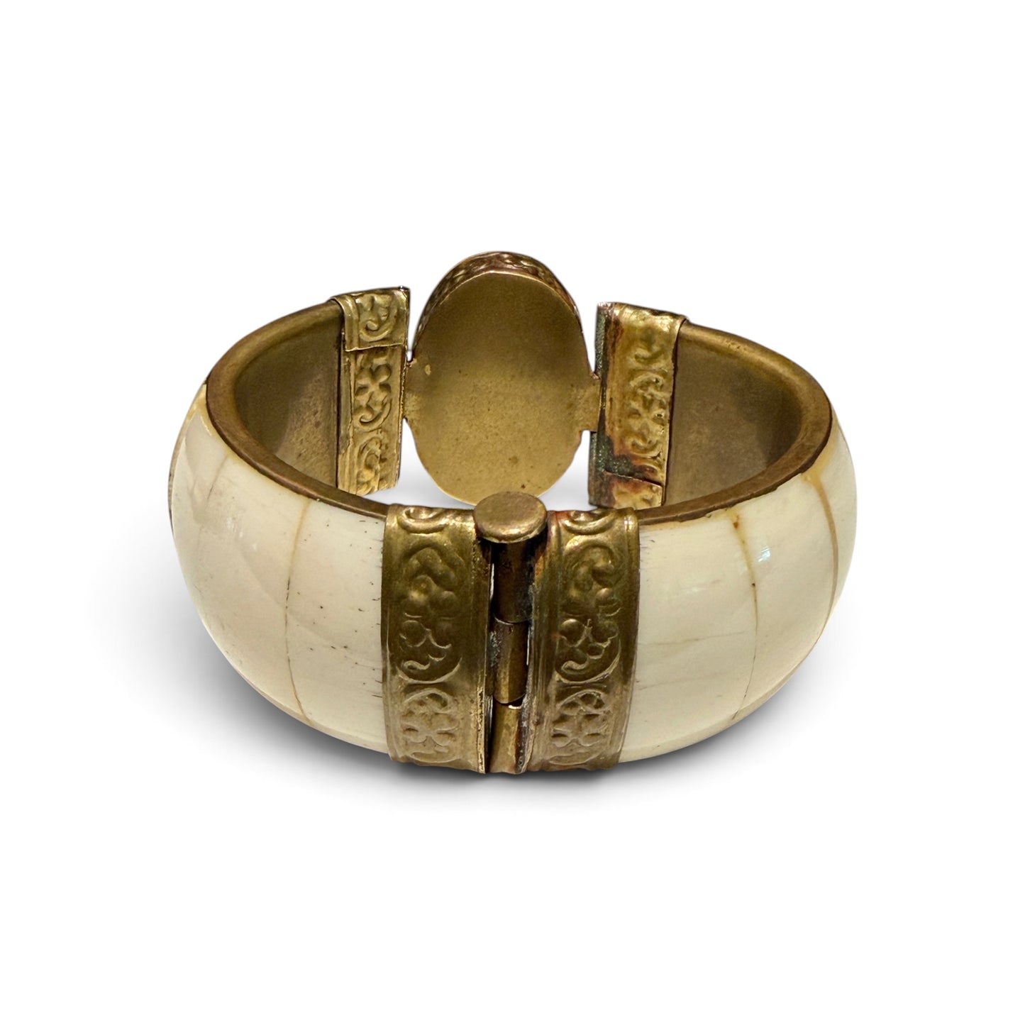 Antique Bone & Brass Hinged Cuff Bracelet with Pin Closure