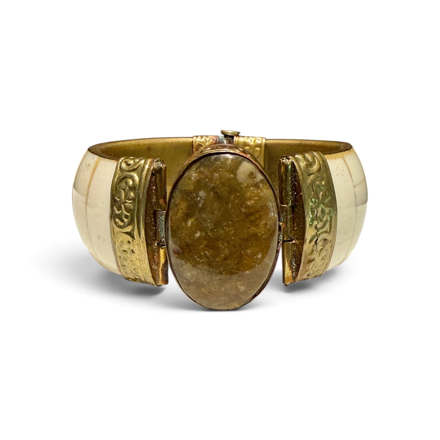 Antique Bone & Brass Hinged Cuff Bracelet with Pin Closure