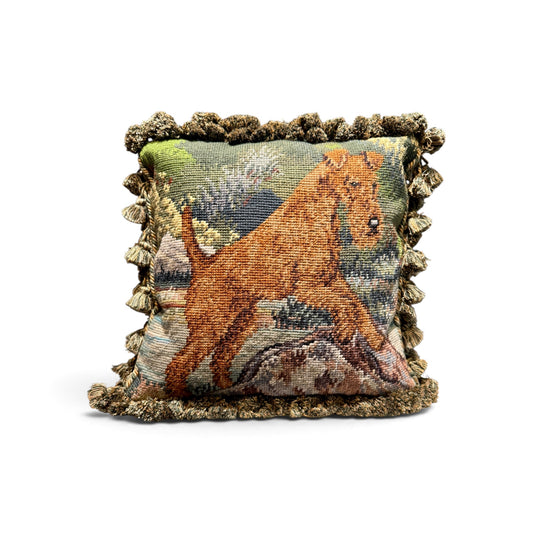 Vintage Terrier Dog Needlepoint Pillow with Tassel Fringe