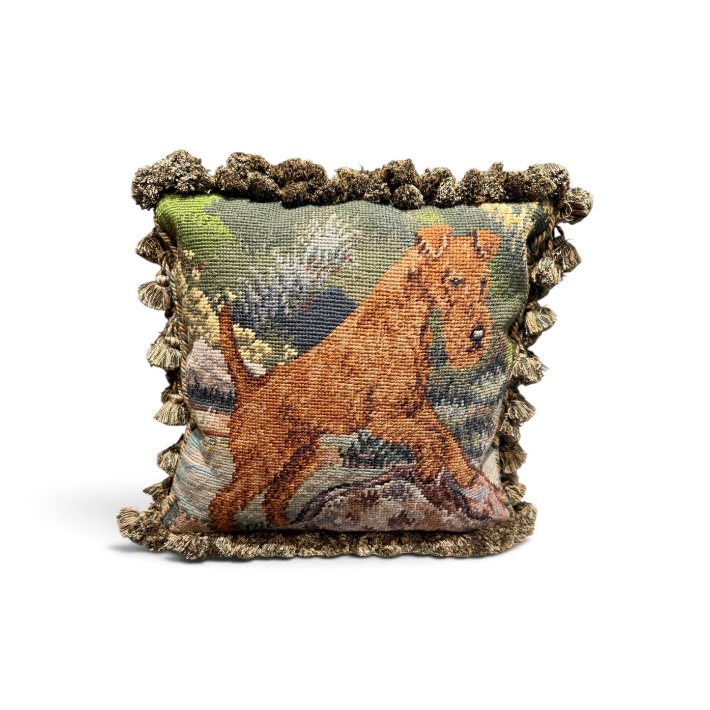 Vintage Terrier Dog Needlepoint Pillow with Tassel Fringe