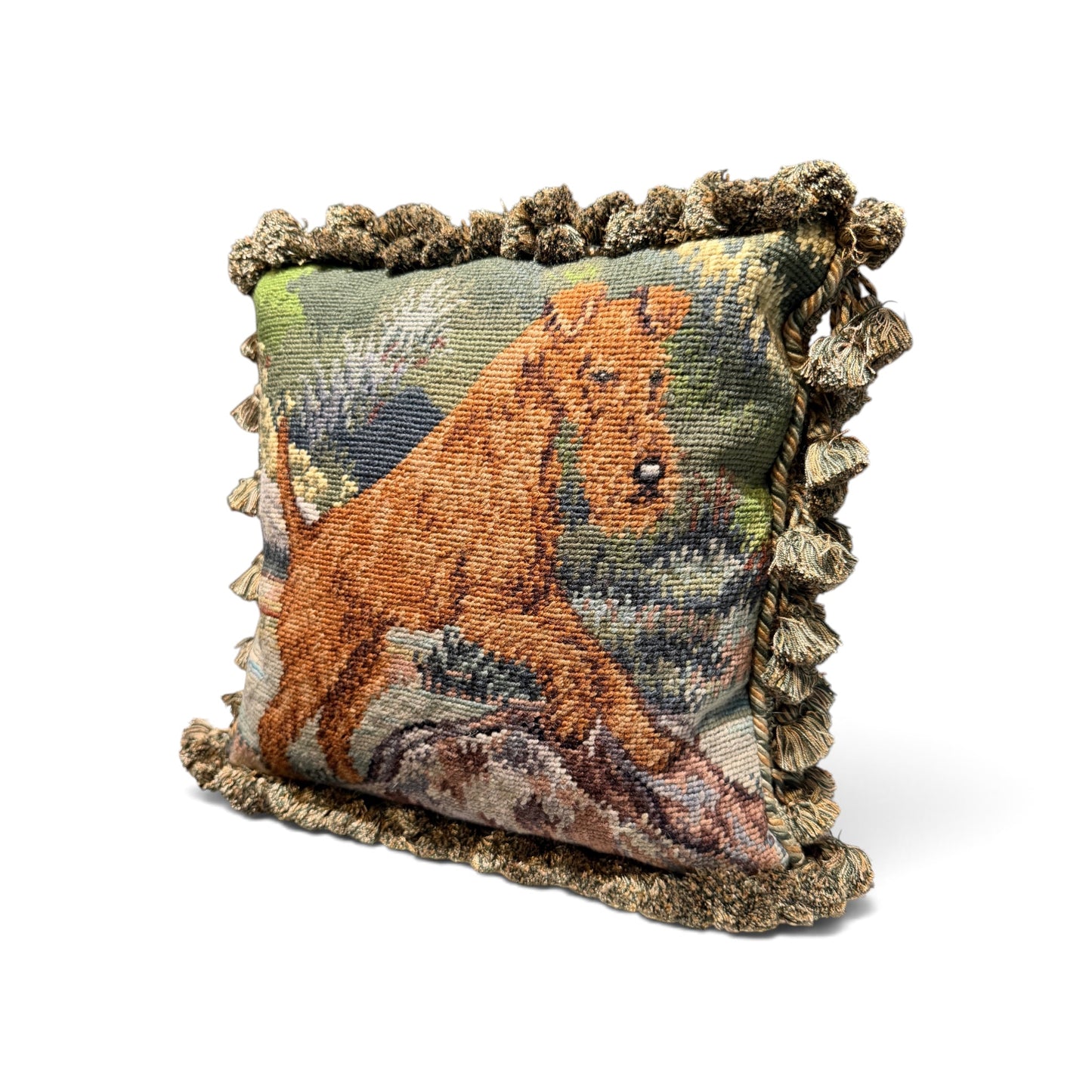 Vintage Terrier Dog Needlepoint Pillow with Tassel Fringe
