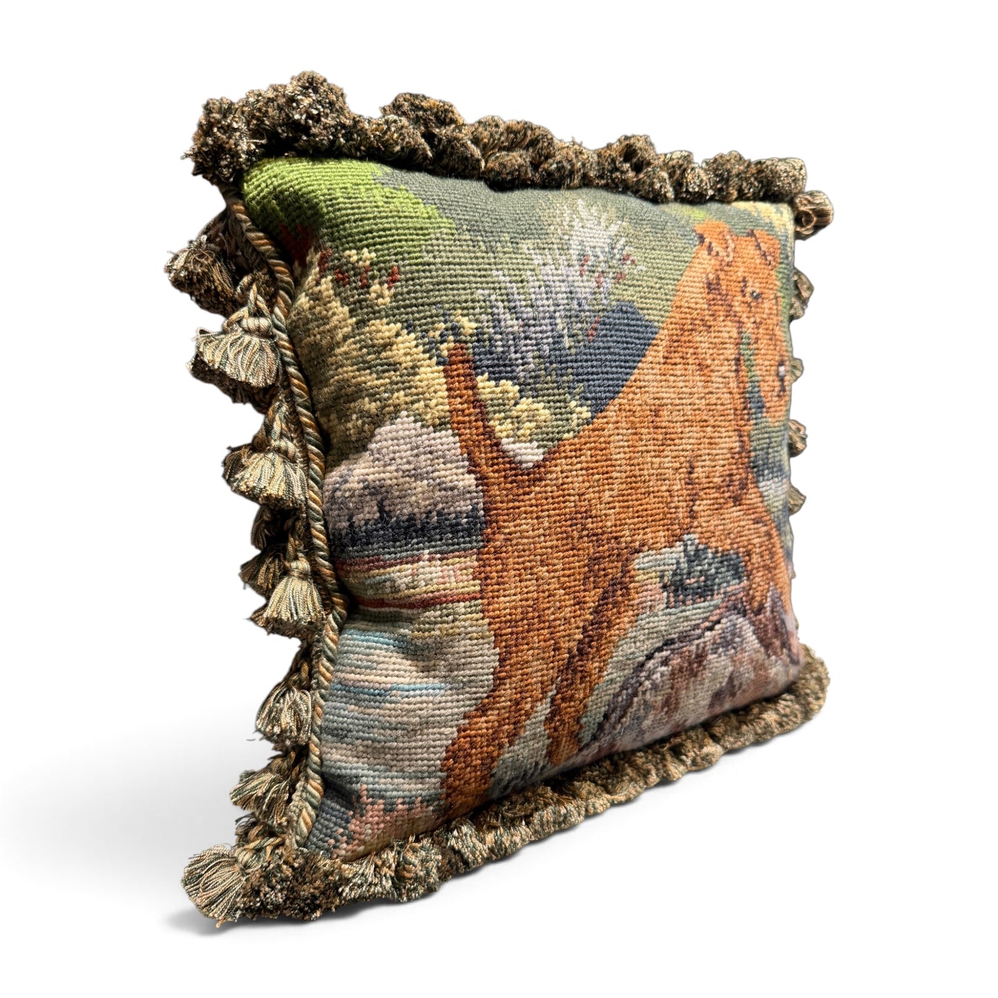 Vintage Terrier Dog Needlepoint Pillow with Tassel Fringe
