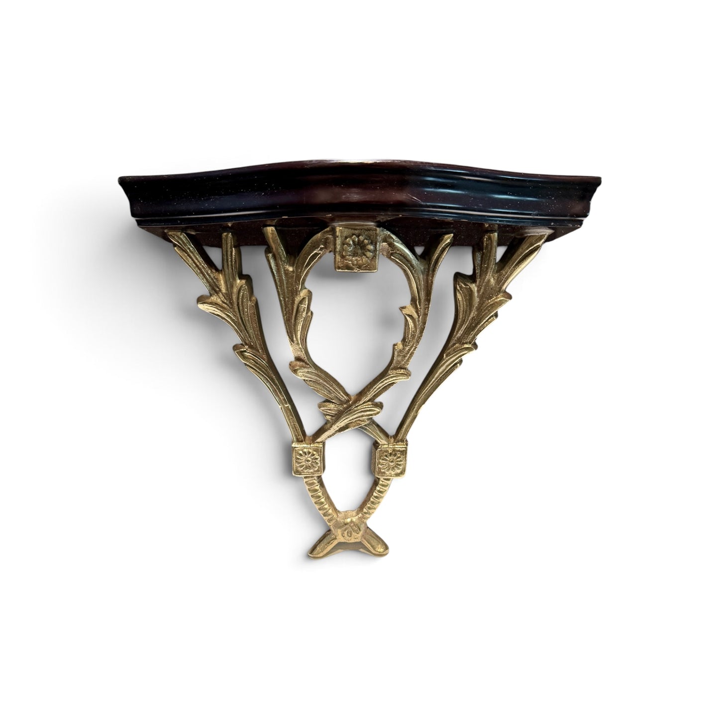 Antique Gilt Brass & Wood Wall Shelf with Classical Foliate Detail
