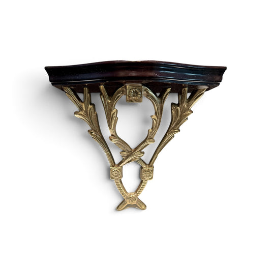 Antique Gilt Brass & Wood Wall Shelf with Classical Foliate Detail