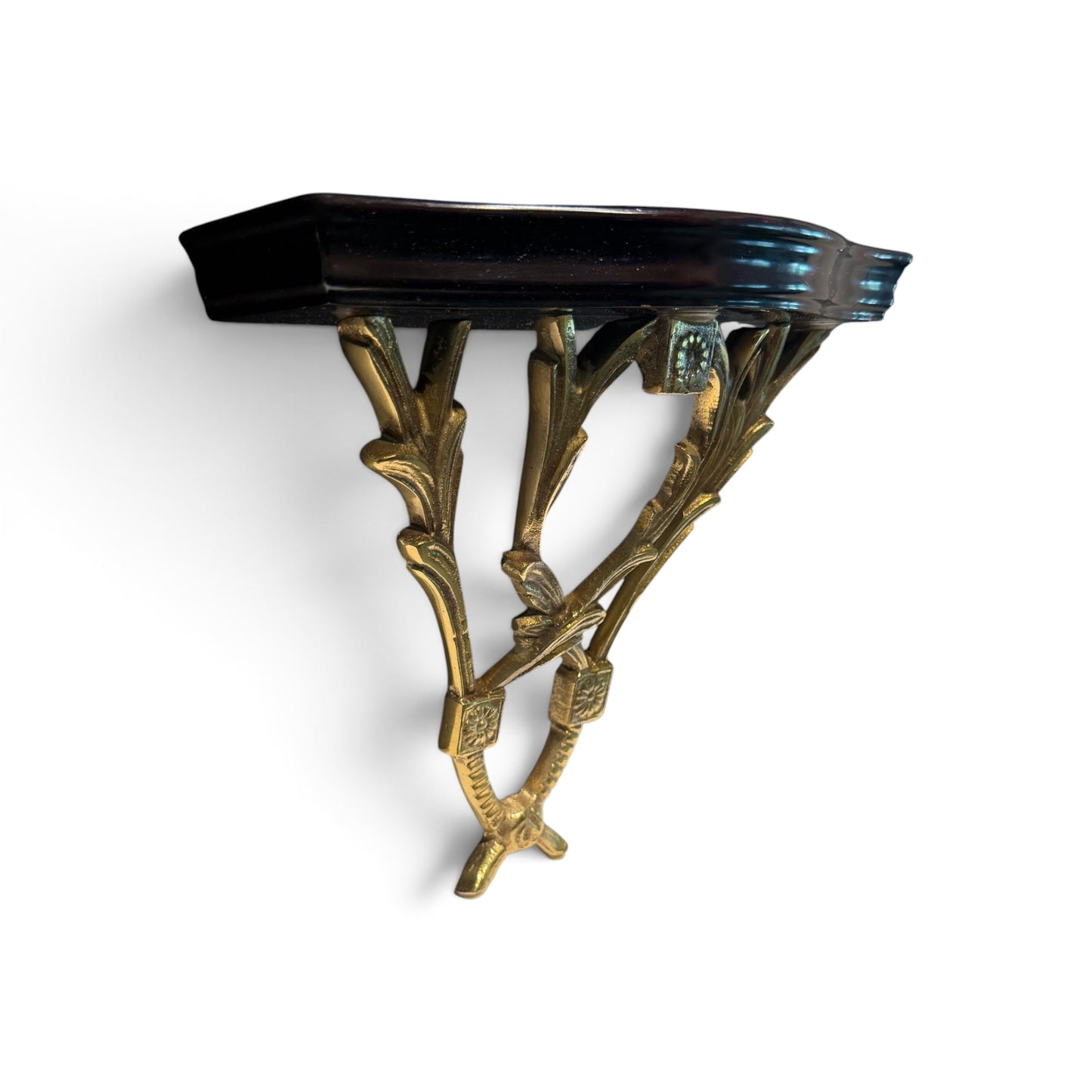 Antique Gilt Brass & Wood Wall Shelf with Classical Foliate Detail