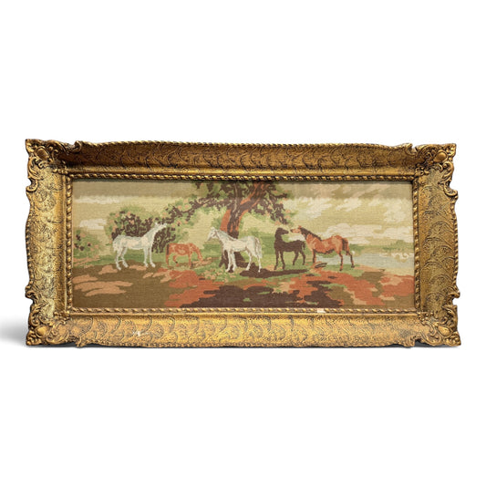 Antique English Equestrian Needlepoint in Original Gilt Frame
