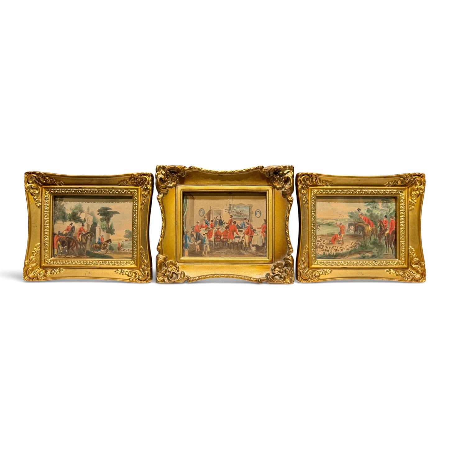Set of Three Antique Fox Hunting Lithographs in Original Gilt Sirocco Frames