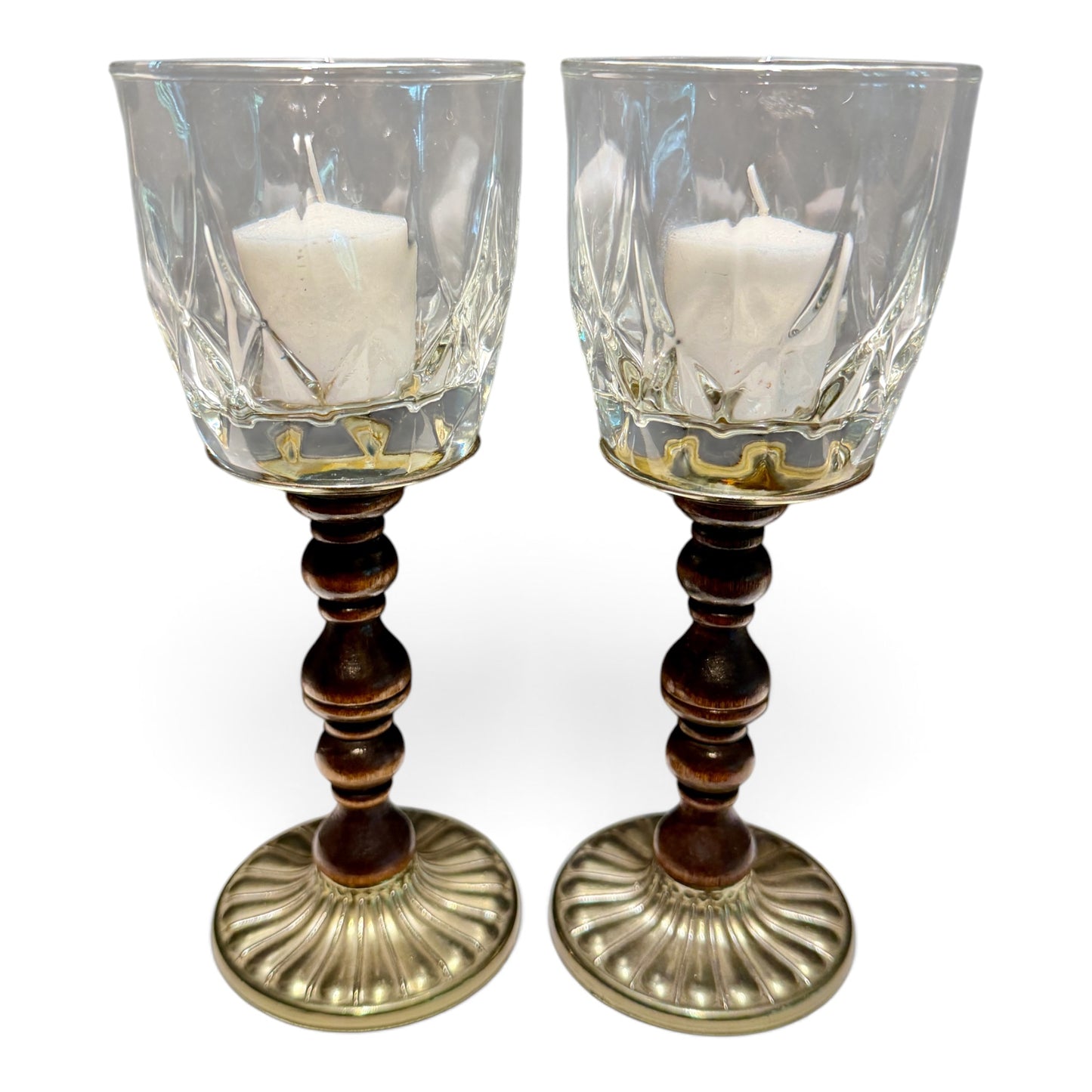 Vintage Brass, Turned Wood & Glass Pedestal Candle Holders — Pair