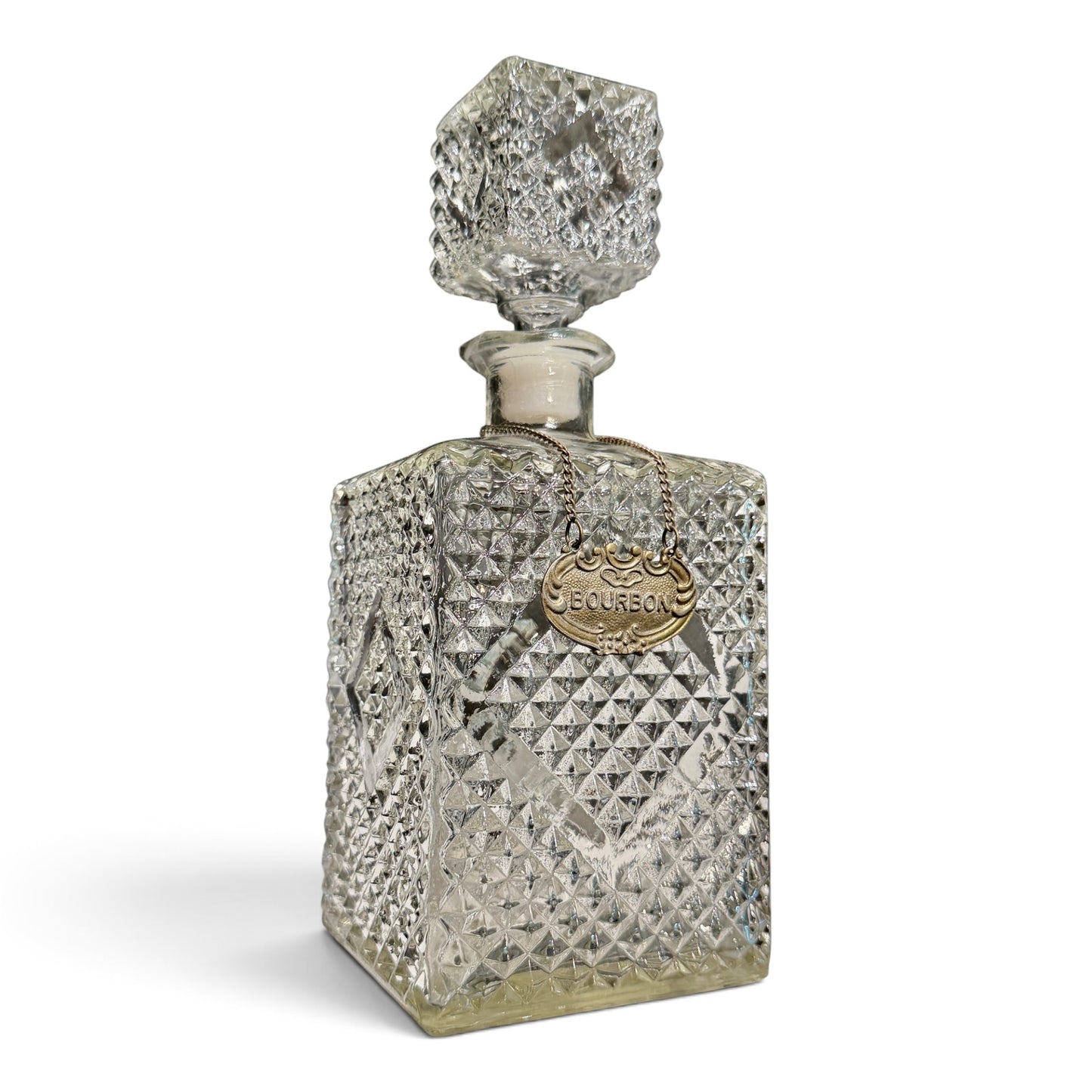 Vintage French Crystal Bourbon Decanter with Antique Brass Tag