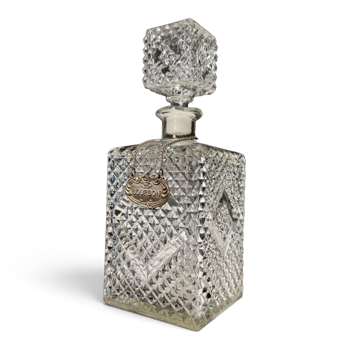 Vintage French Crystal Bourbon Decanter with Antique Brass Tag