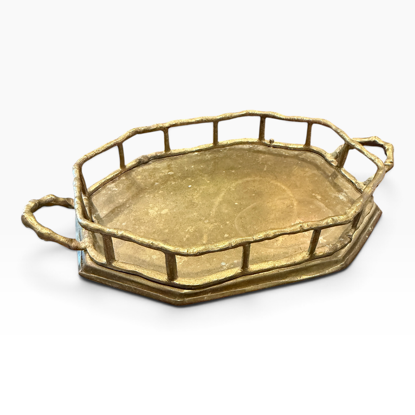 Antique Brass Bamboo Gallery Tray with Handles | Small Hollywood Regency Brass Catchall