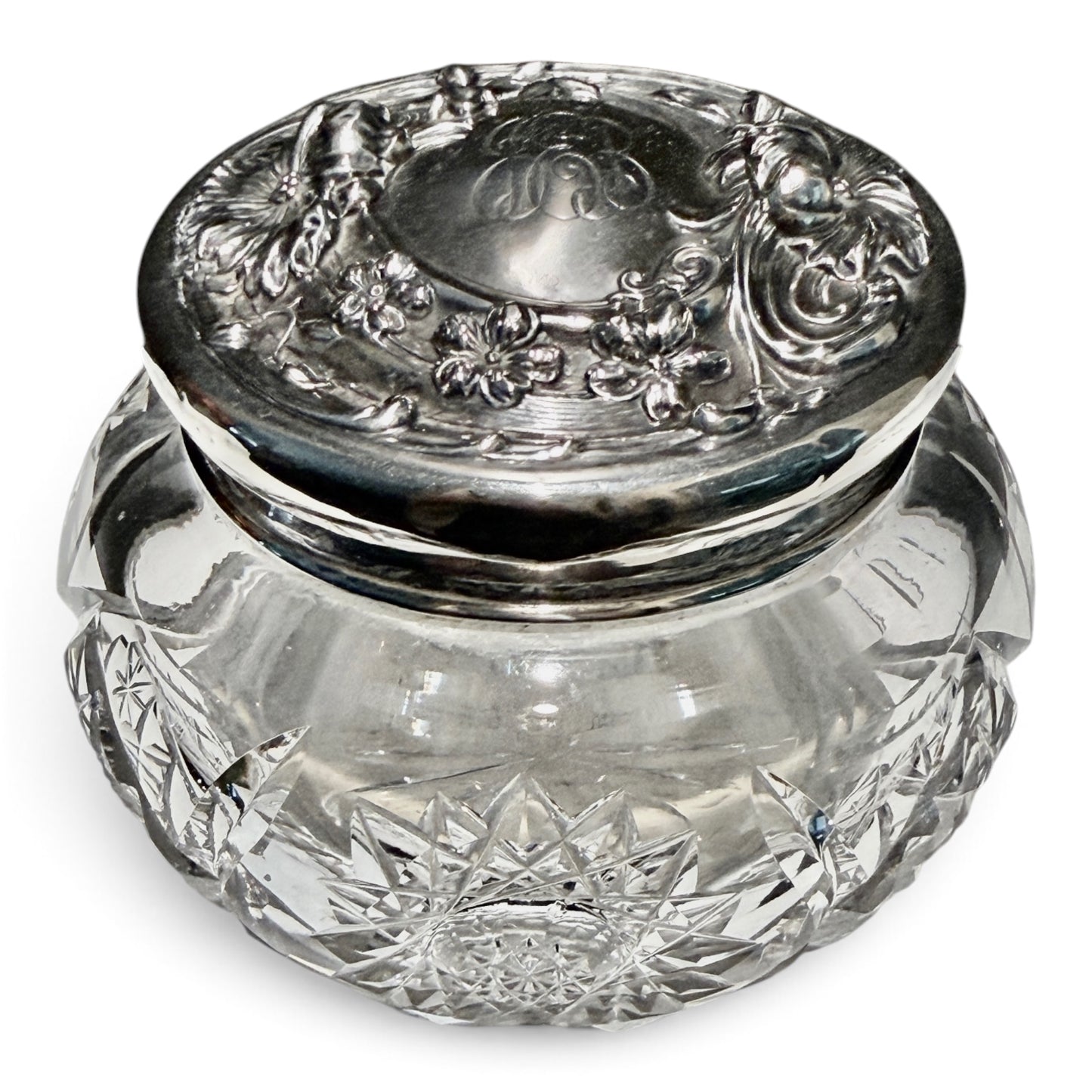 Antique Cut Crystal & Sterling Silver Monogrammed Vanity Jar