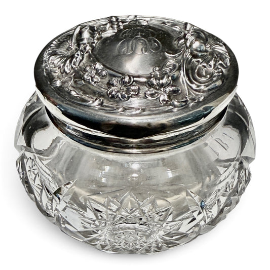 Antique Cut Crystal & Sterling Silver Monogrammed Vanity Jar