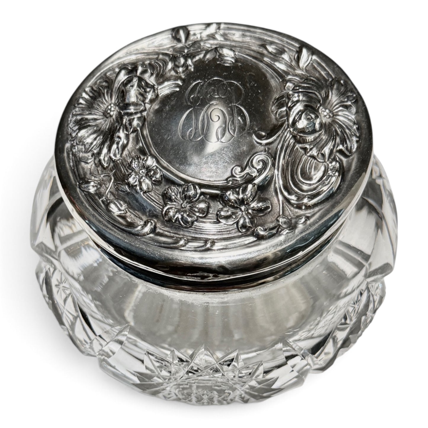 Antique Cut Crystal & Sterling Silver Monogrammed Vanity Jar