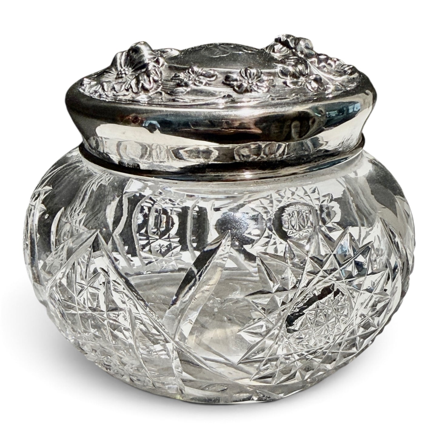Antique Cut Crystal & Sterling Silver Monogrammed Vanity Jar