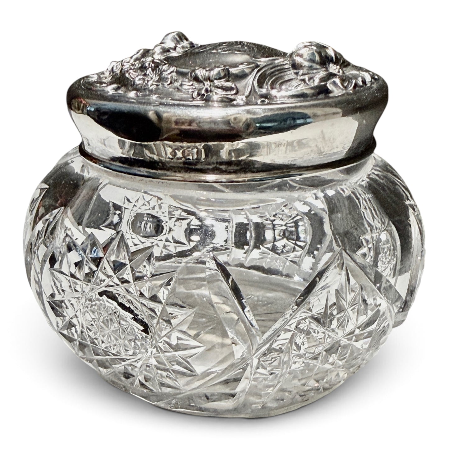 Antique Cut Crystal & Sterling Silver Monogrammed Vanity Jar