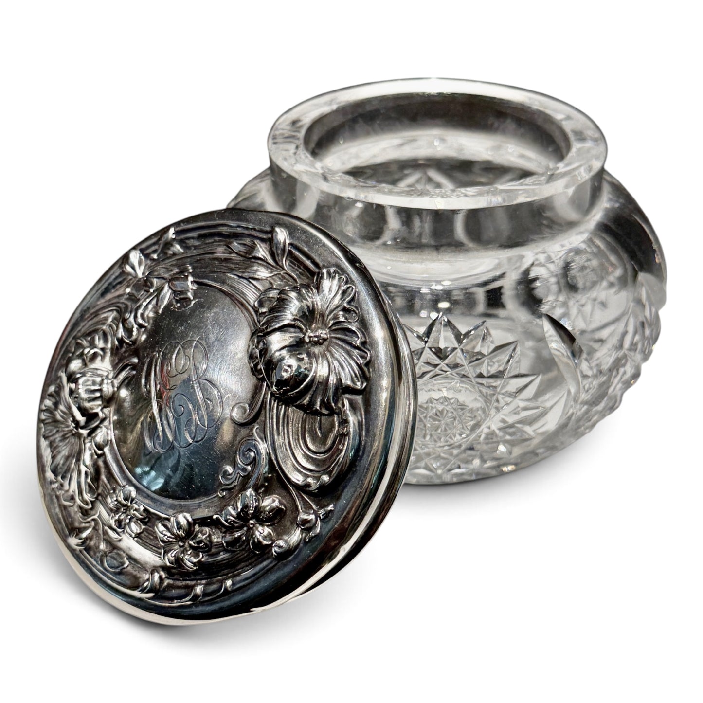 Antique Cut Crystal & Sterling Silver Monogrammed Vanity Jar