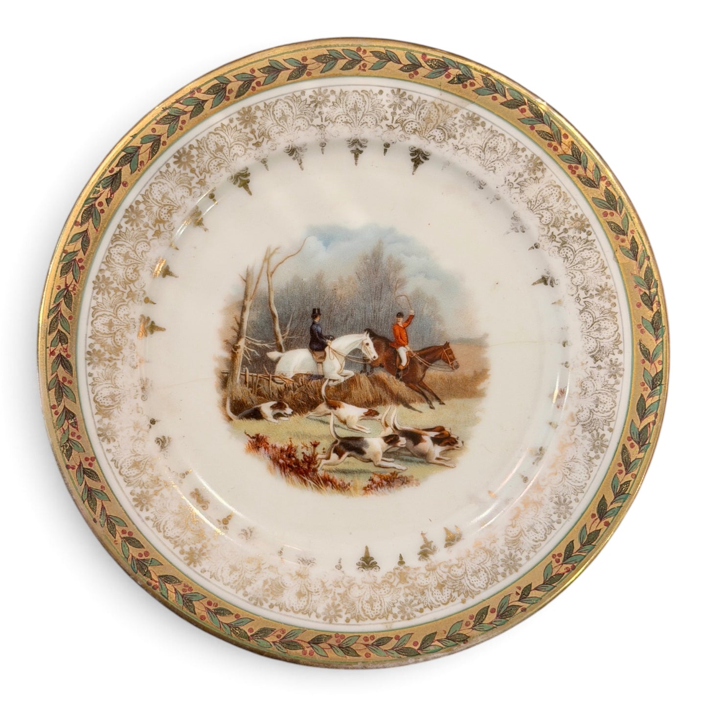 Antique Austrian Fox Hunt Porcelain Cabinet Plate | Gilt Sporting Plate