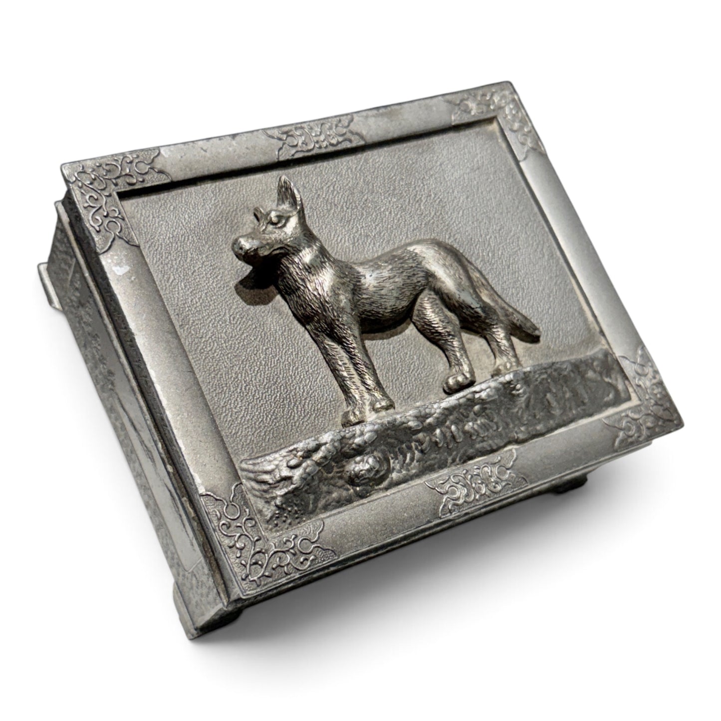 Vintage Silver-Tone Fox Hunt Trinket Box, c. 1950s