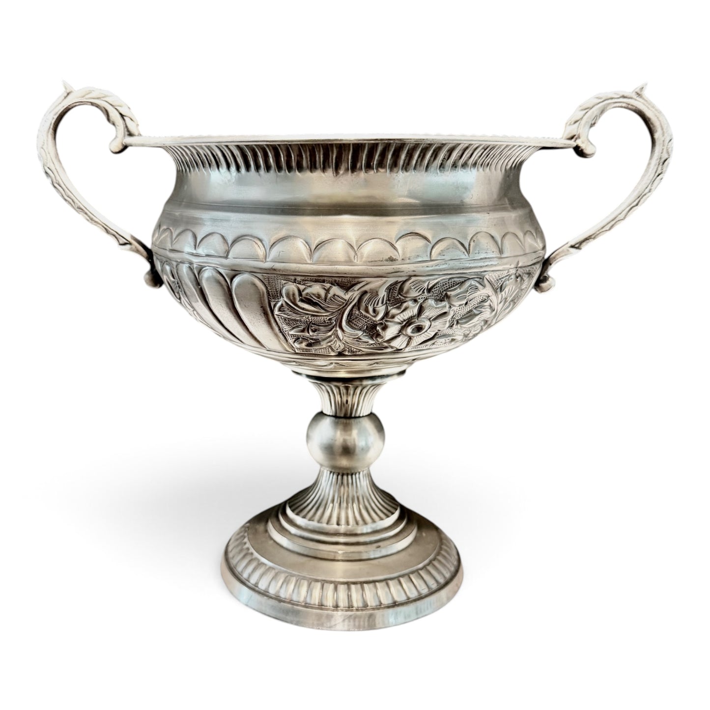 Vintage Silver Repoussé Pedestal Centerpiece Trophy Bowl with Foliate Handles