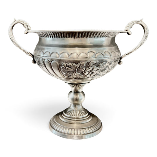 Vintage Silver Repoussé Pedestal Centerpiece Trophy Bowl with Foliate Handles