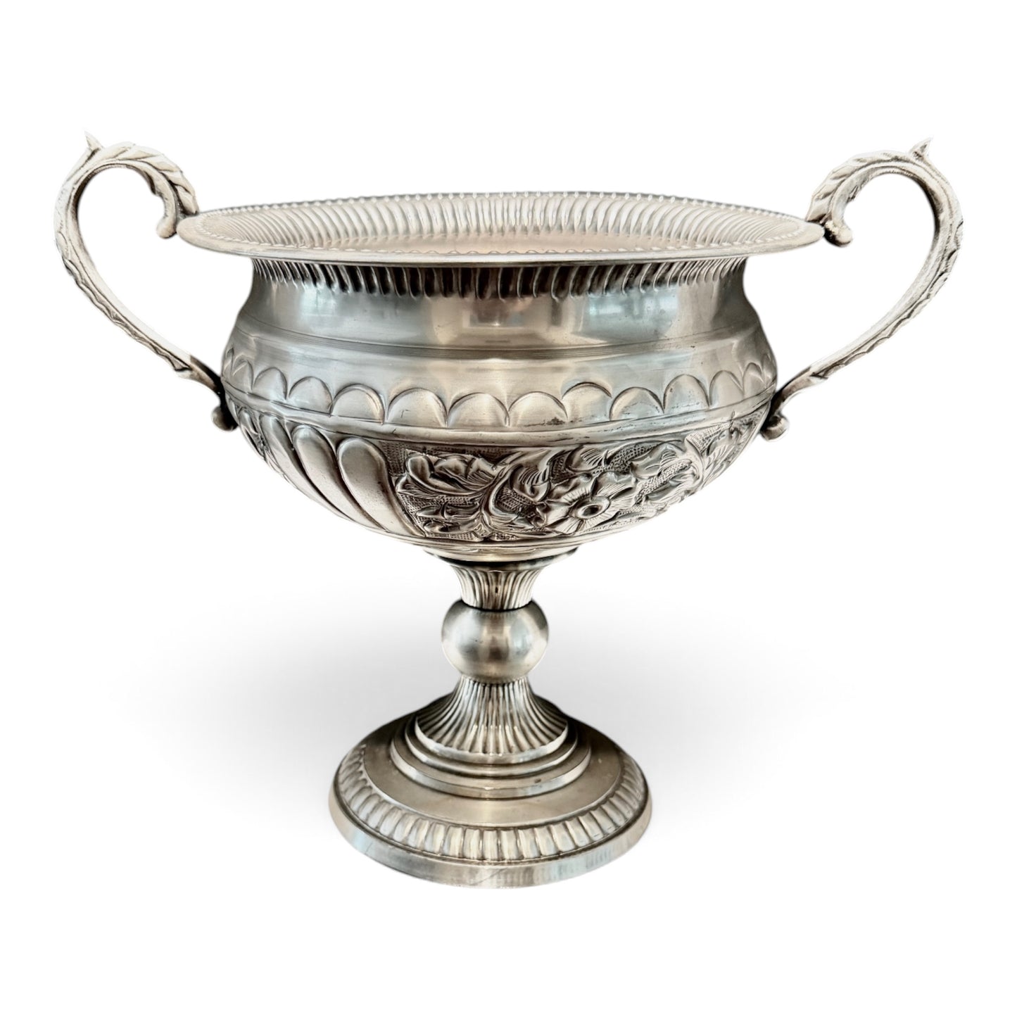 Vintage Silver Repoussé Pedestal Centerpiece Trophy Bowl with Foliate Handles