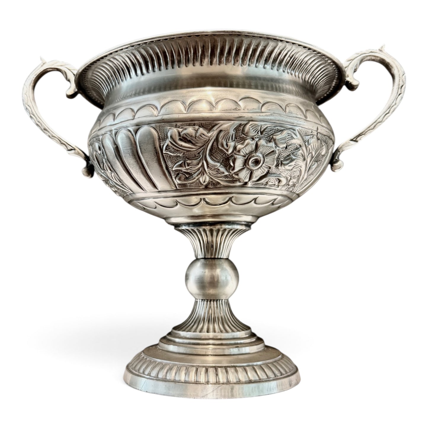 Vintage Silver Repoussé Pedestal Centerpiece Trophy Bowl with Foliate Handles