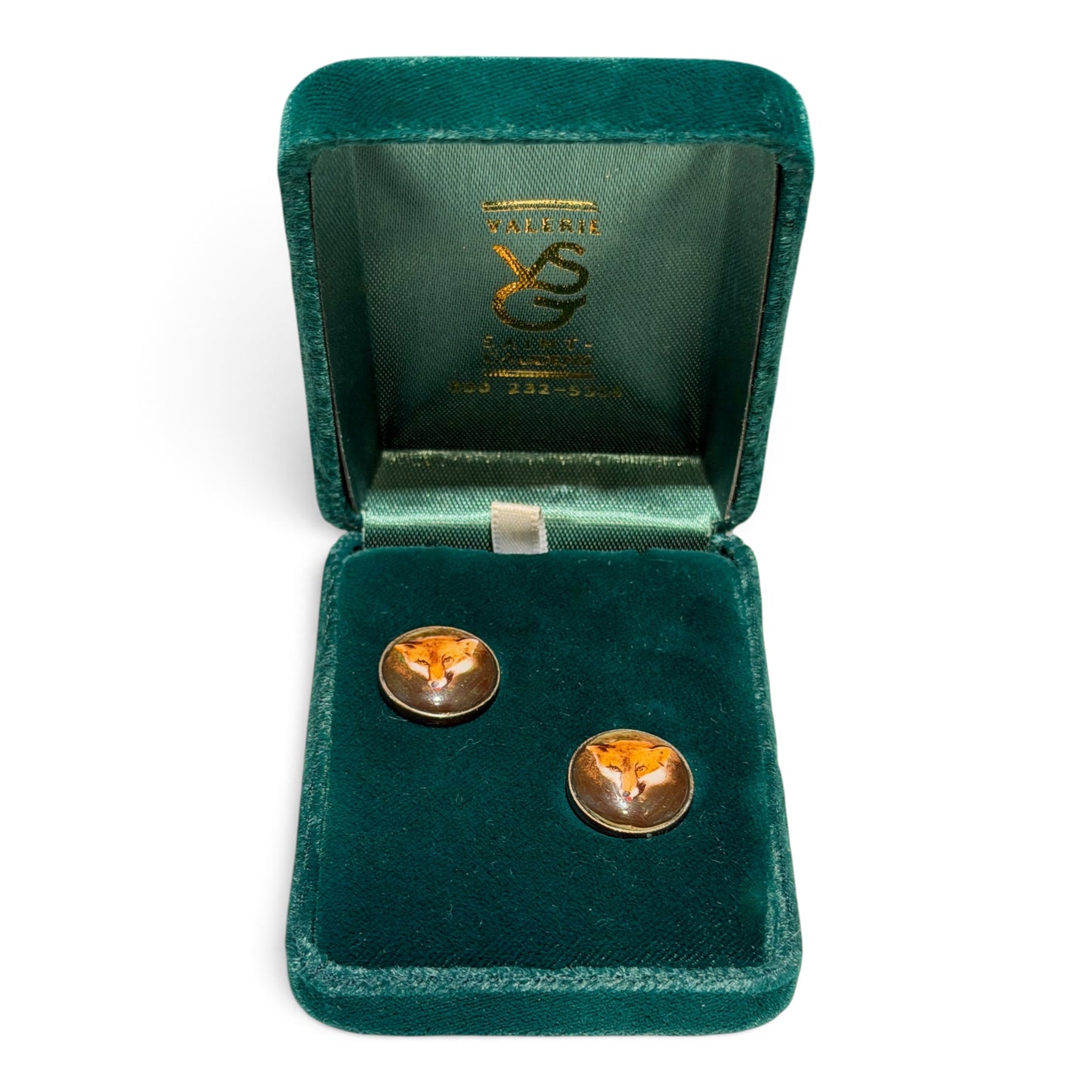 Vintage Sterling Silver Reverse-Painted Fox Earrings in Original Presentation Box