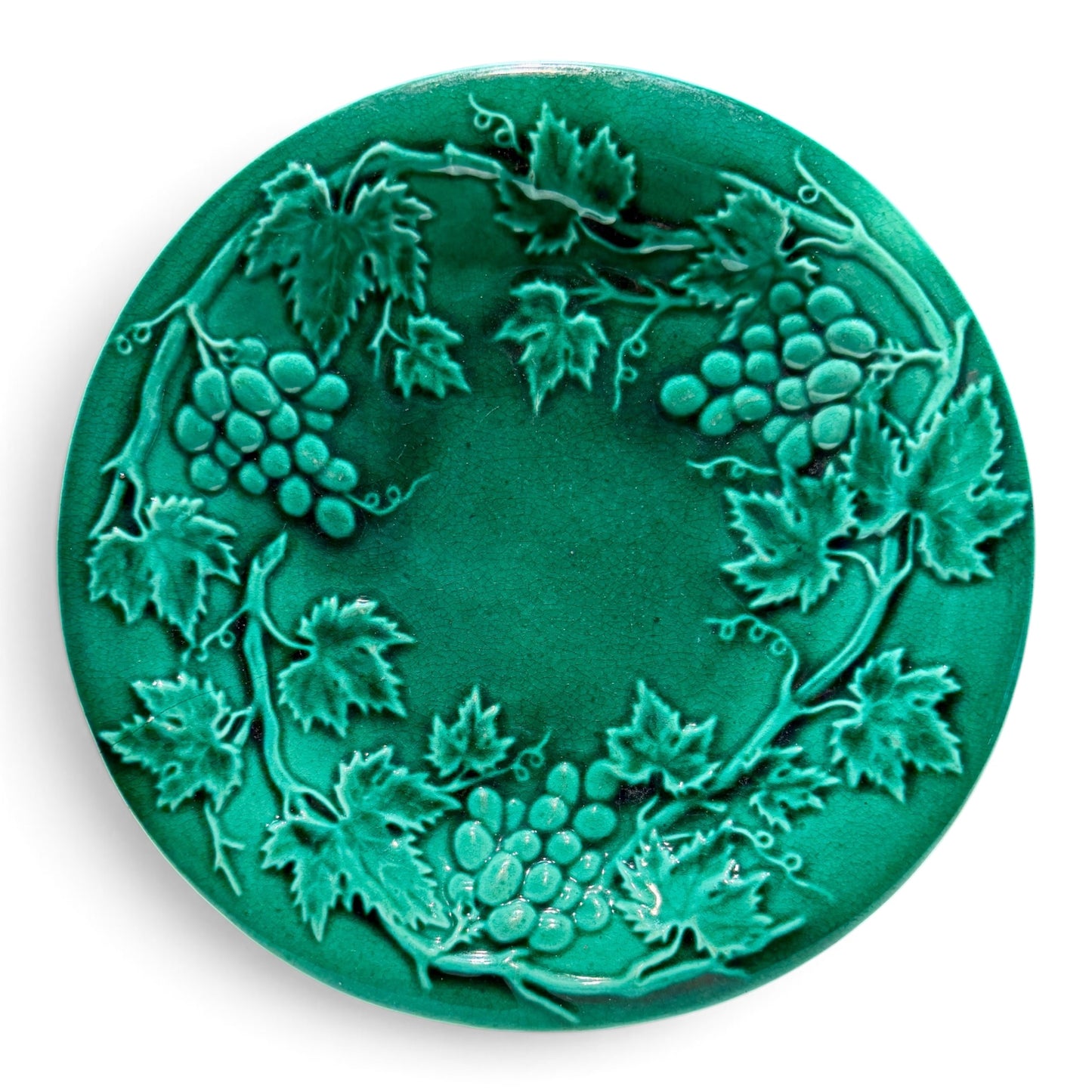 Antique English Green Majolica Grape & Vine Plate, c. 1900–1920s