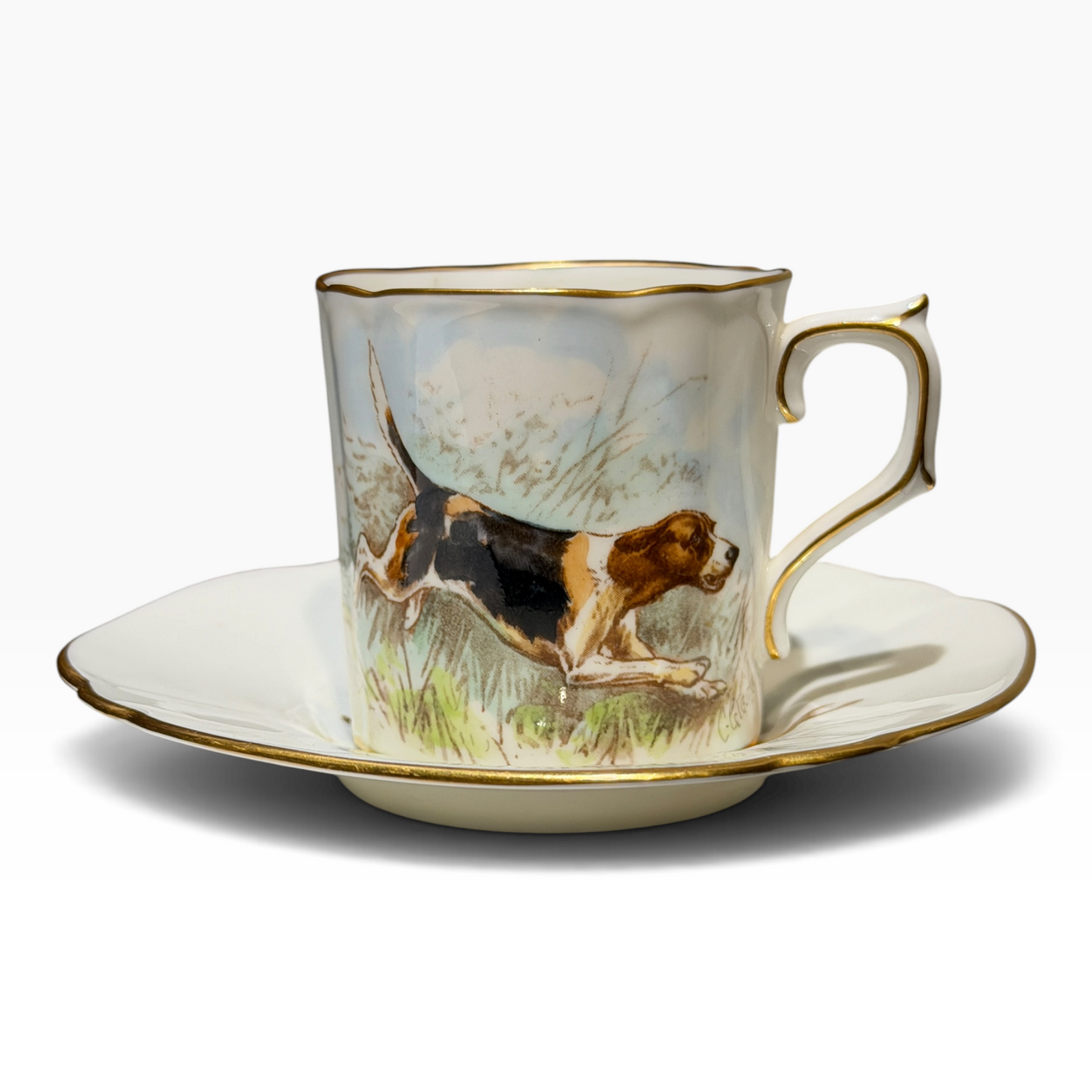 Antique Royal Crown Derby Fox & Hound Demitasse Cup & Saucer, England c. 1930s