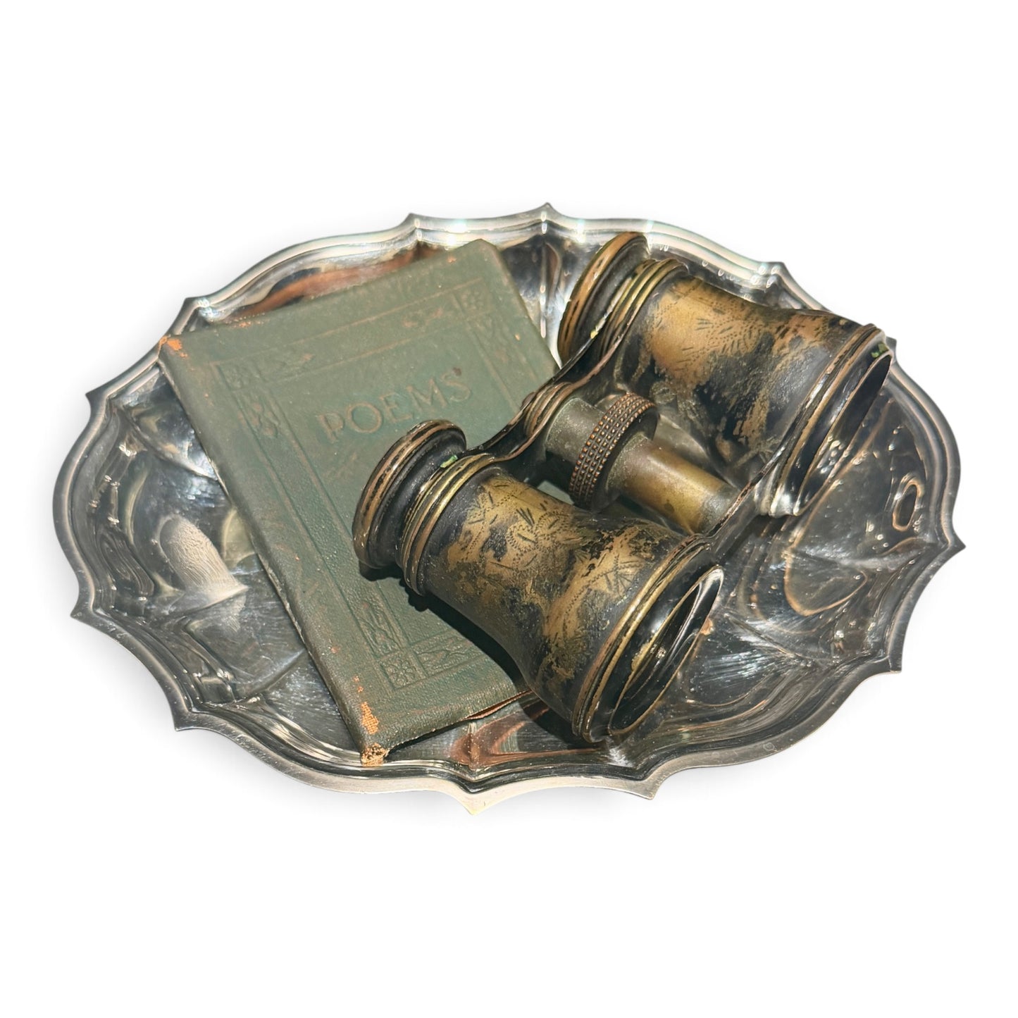 Antique Library Vignette Set with Silver Tray, Brass Field Binoculars & Book of Poetry