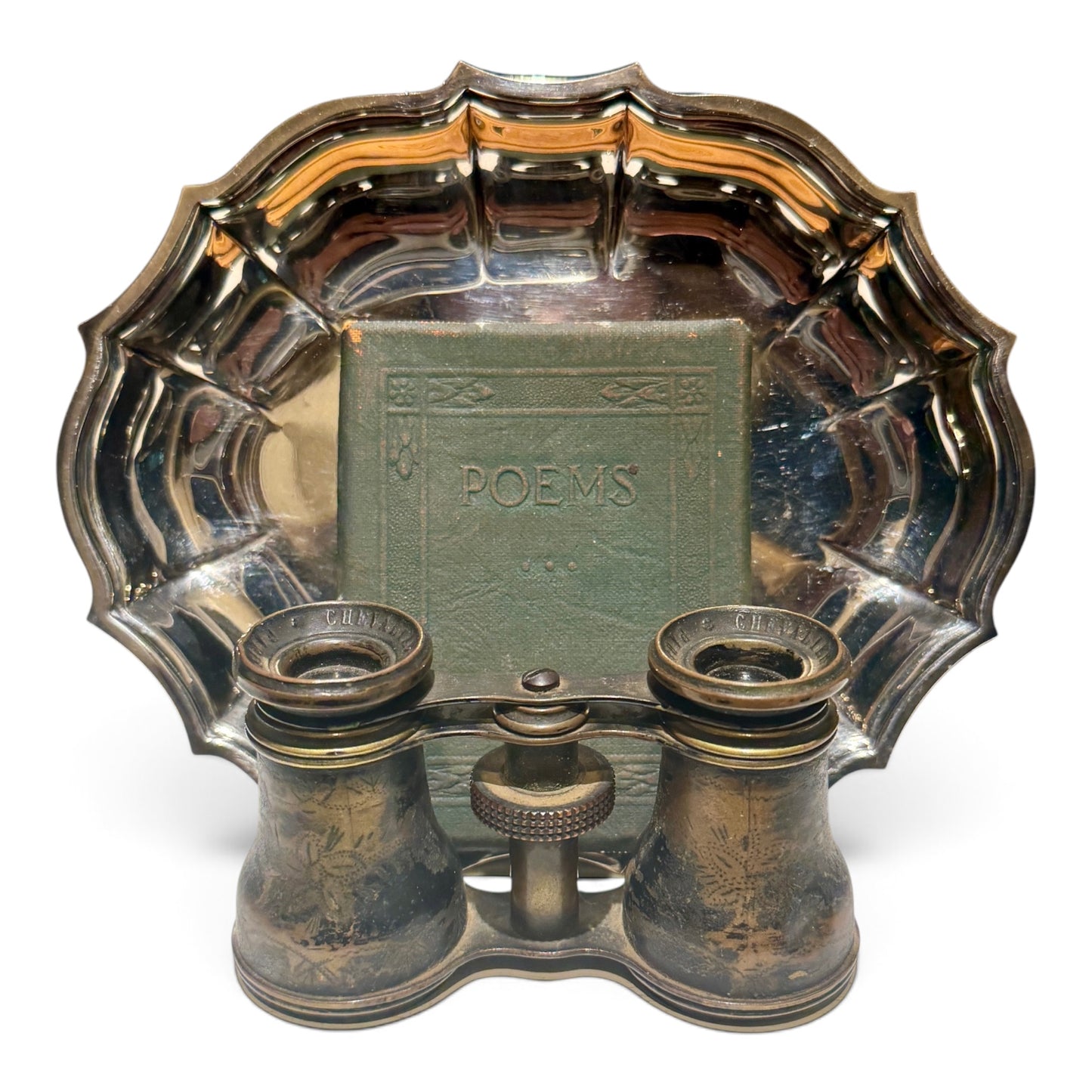 Antique Library Vignette Set with Silver Tray, Brass Field Binoculars & Book of Poetry