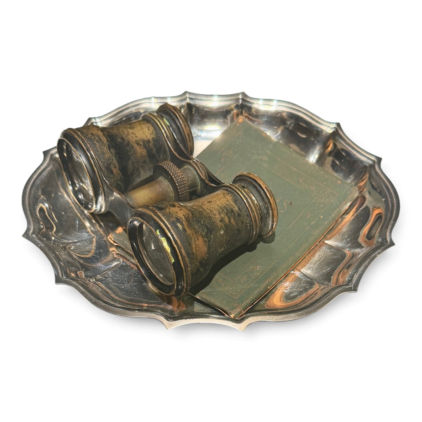 Antique Library Vignette Set with Silver Tray, Brass Field Binoculars & Book of Poetry