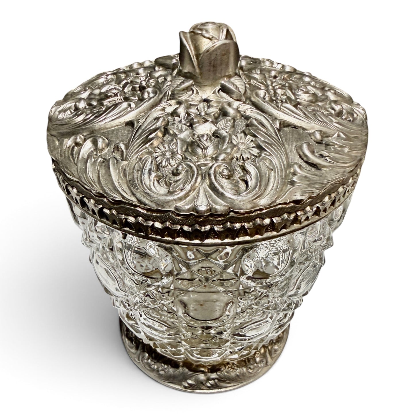 Vintage Silver & Pressed Glass Covered Jar with Rose Finial