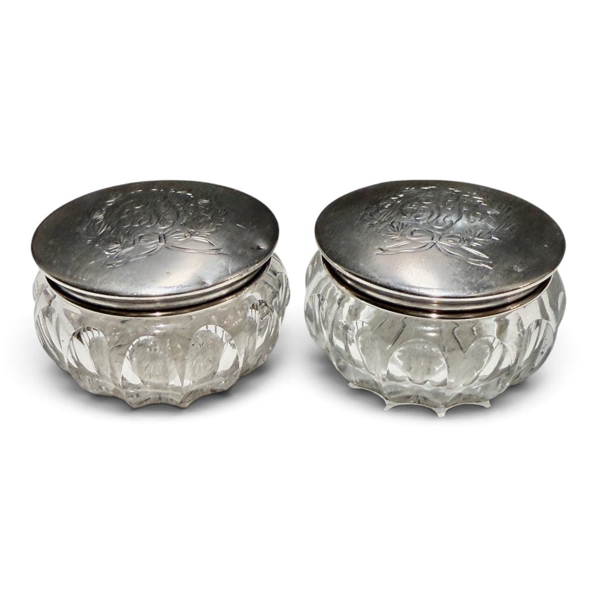 Pair of Estate Crystal & Sterling Silver Monogrammed Vanity Jars