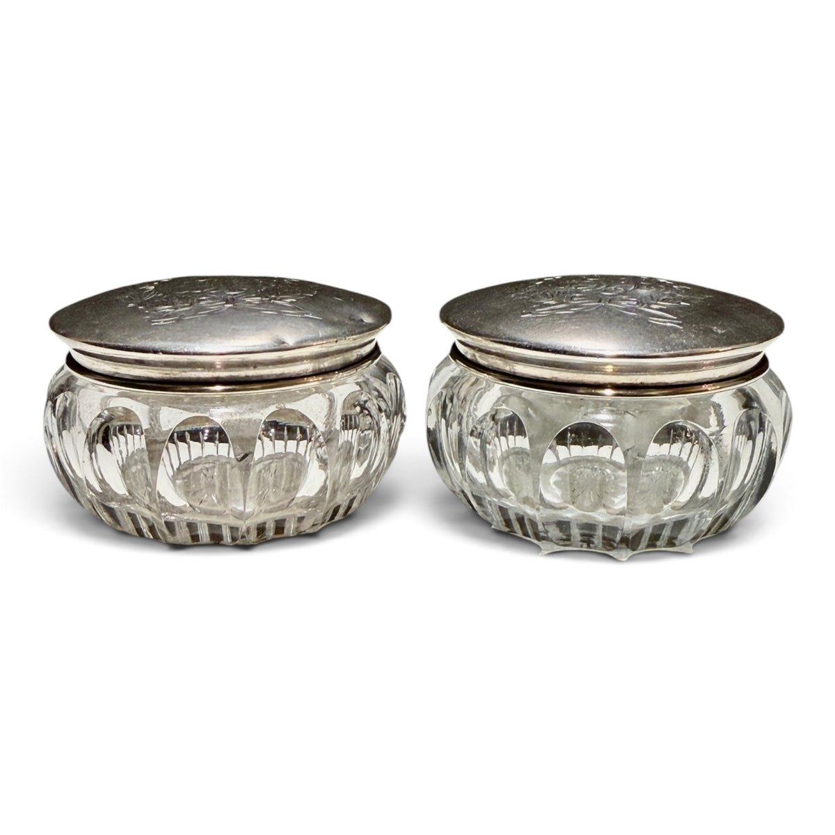 Pair of Estate Crystal & Sterling Silver Monogrammed Vanity Jars