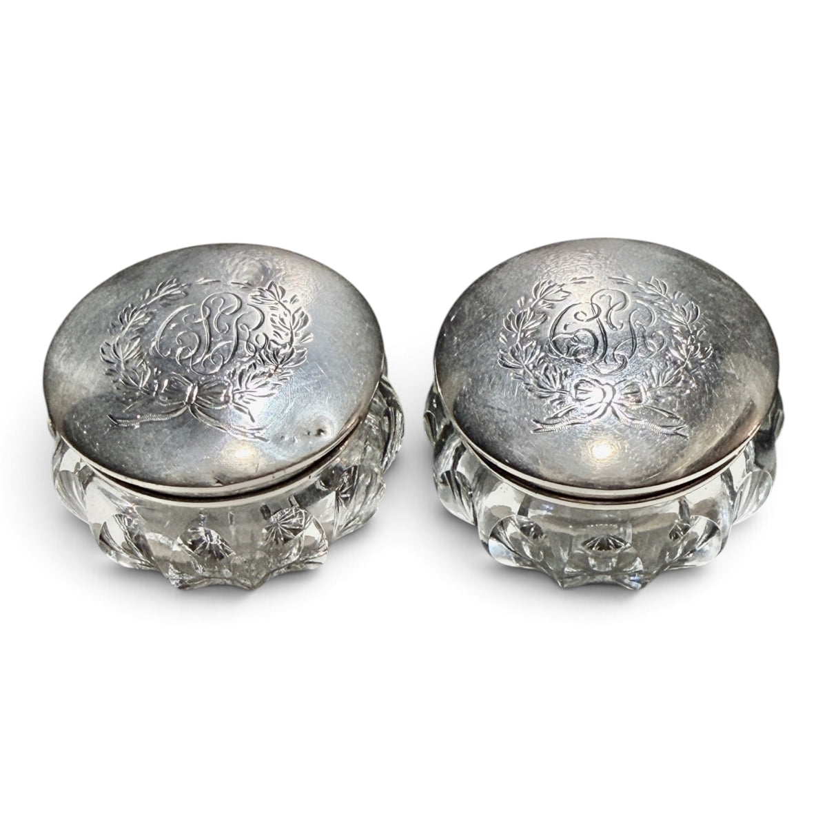 Pair of Estate Crystal & Sterling Silver Monogrammed Vanity Jars