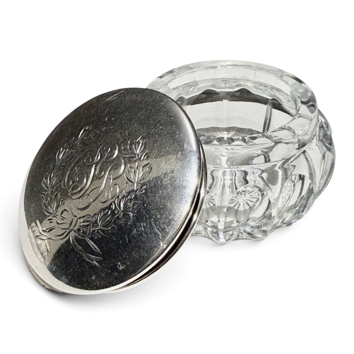Pair of Estate Crystal & Sterling Silver Monogrammed Vanity Jars