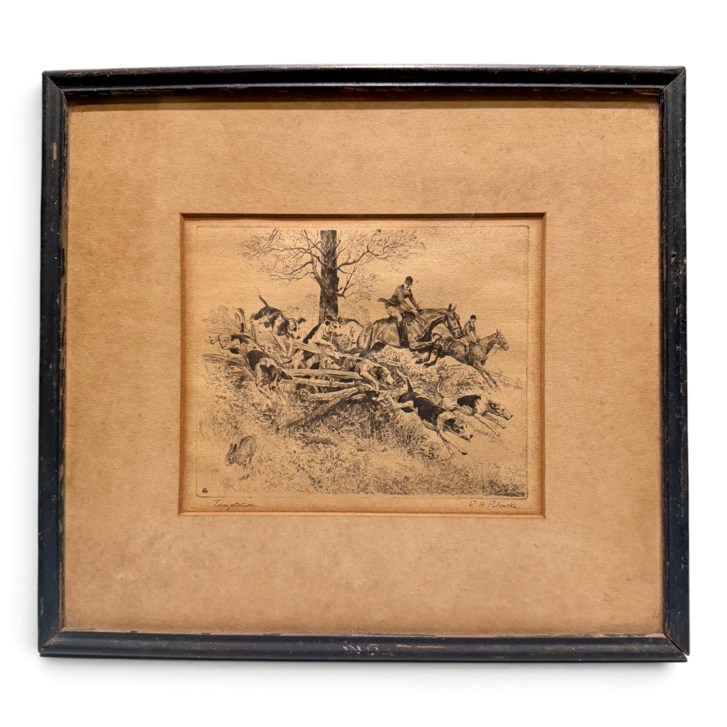 Antique R. H. Palenske “Temptation” Vintage Fox Hunt Drypoint Etching Print in Original Frame