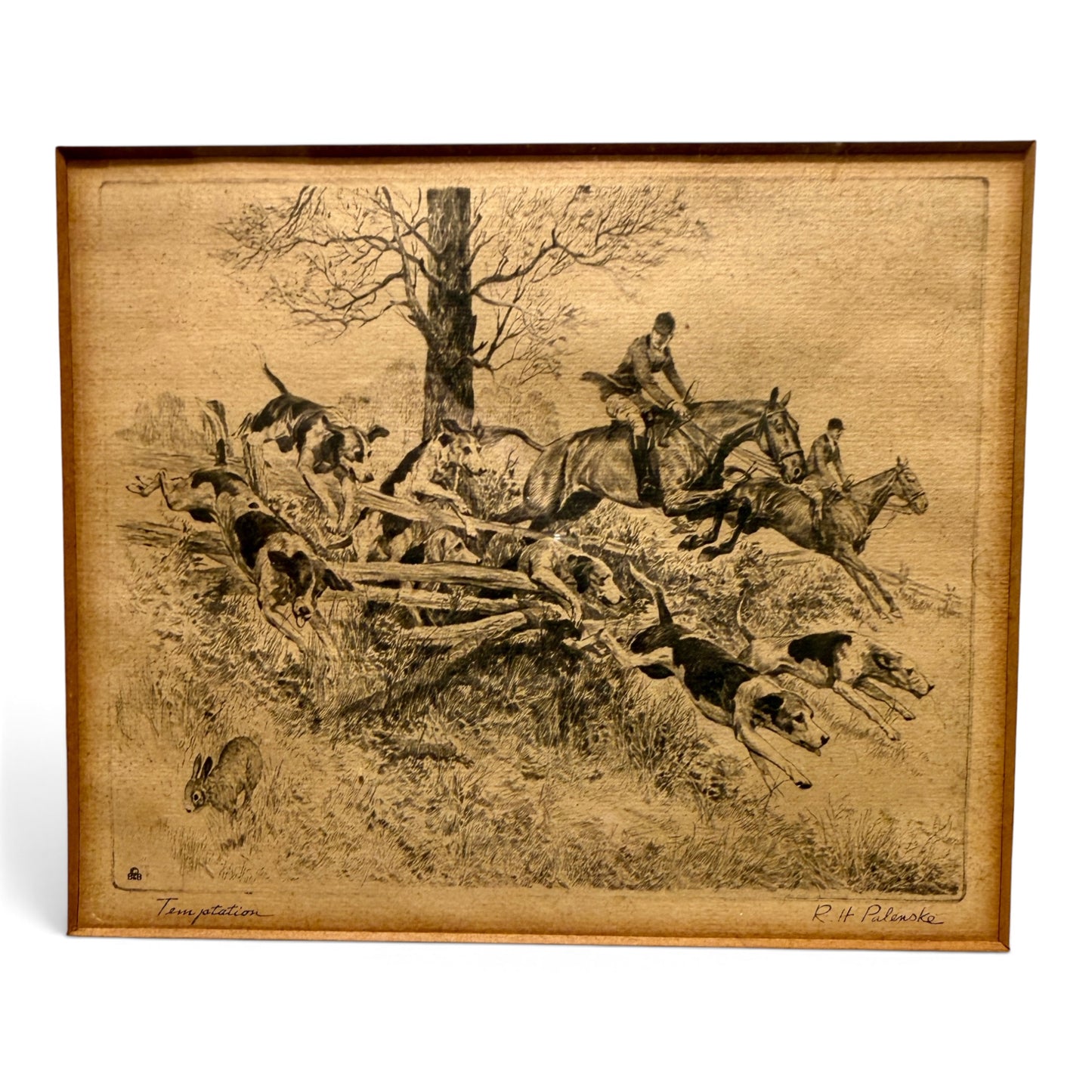Antique R. H. Palenske “Temptation” Vintage Fox Hunt Drypoint Etching Print in Original Frame