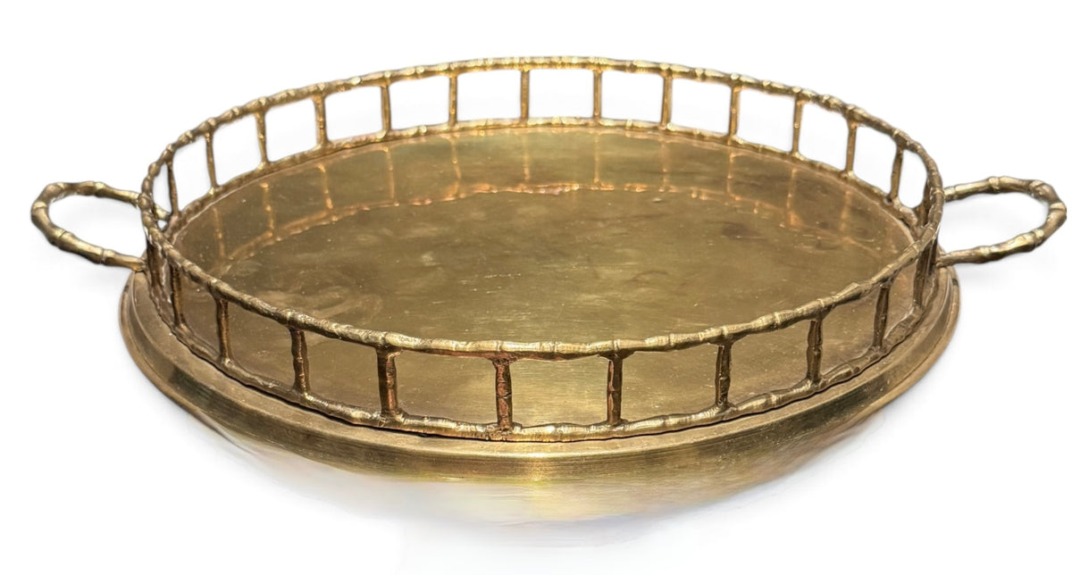Vintage Brass Hollywood Regency Bamboo Gallery Tray with Handles
