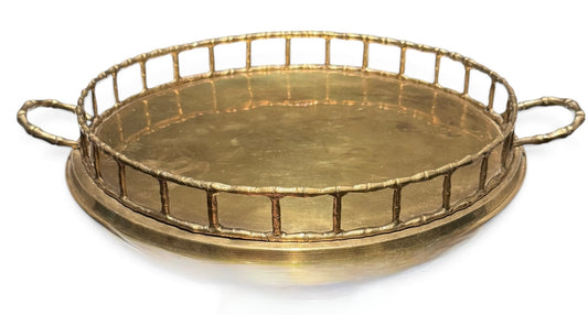 Vintage Brass Hollywood Regency Bamboo Gallery Tray with Handles