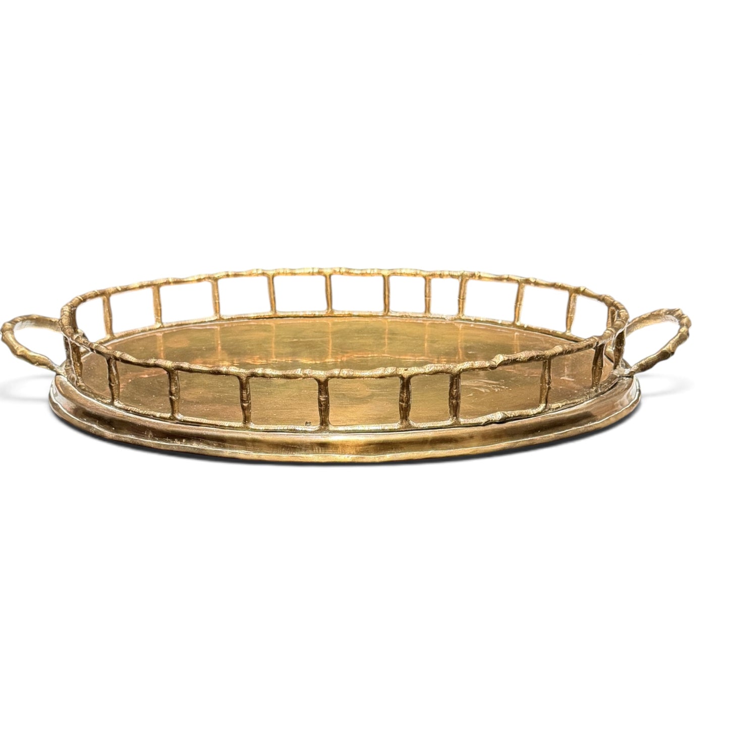 Antique Brass Bamboo Gallery Tray with Handles | Hollywood Regency Brass Catchall