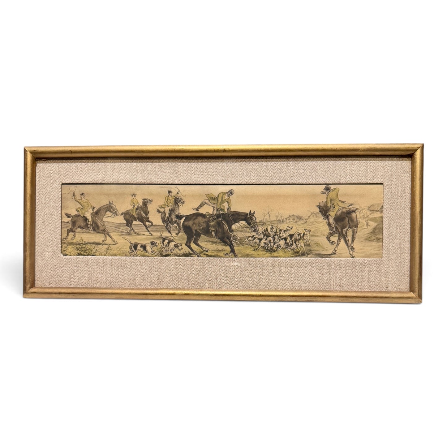 Vintage English Fox Hunt Panoramic Sporting Engravings in Gilt Frames — Set of Three