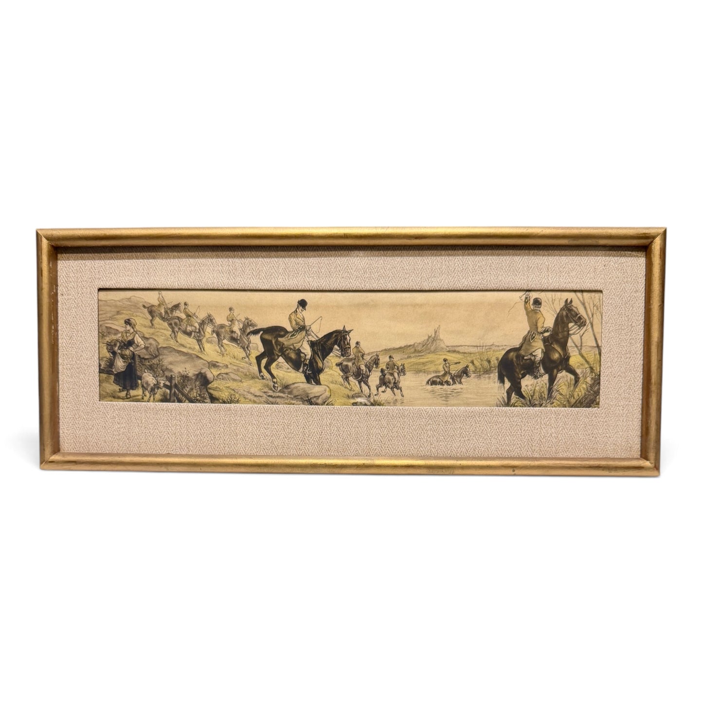 Vintage English Fox Hunt Panoramic Sporting Engravings in Gilt Frames — Set of Three
